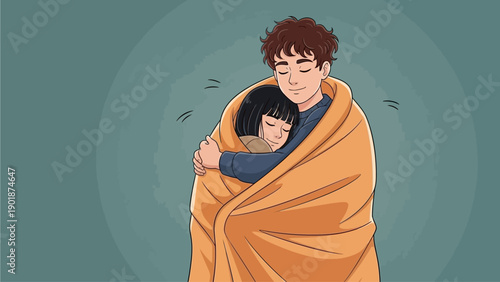 A heartwarming illustration of a loving couple wrapped in a warm blanket, sharing an intimate embrace that symbolizes comfort, protection, and deep emotional connection