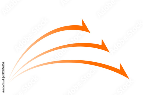 左下から前進するオレンジの曲線矢印イラスト｜方向・流れ・成長・戦略を表すシンプル素材