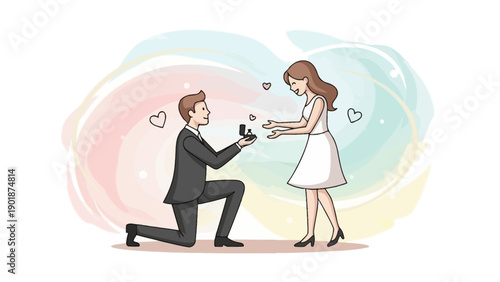 A romantic moment captured A man on one knee proposes to his girlfriend with a ring, symbolizing love and commitment on a soft, colorful background