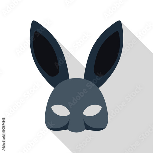 Dark rabbit mask with long shadow on white background, representing anonymity and masquerade