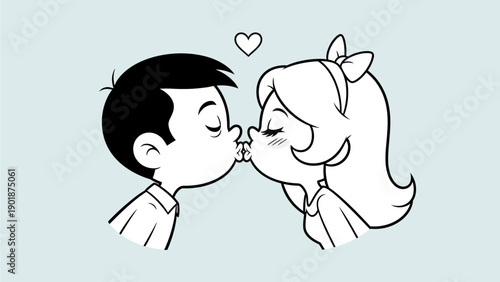 Adorable Cartoon Couple Sharing a Sweet Kiss with a Heart Floating Above Them, Symbolizing Love and Romance
