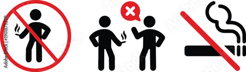 No smoking signs and symbols, depicting prohibition of tobacco use, person smoking in red circle with line, two people interacting with one receiving negative 