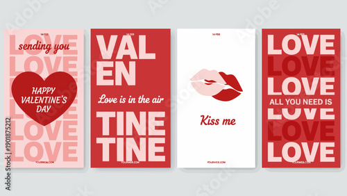Four modern Valentine's Day greeting cards with romantic messages, heart illustrations, and a kiss design in red and pink hues, perfect for expressing love