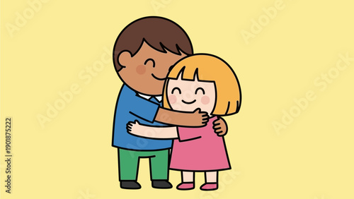 Adorable illustration of a boy and girl hugging warmly, symbolizing friendship and affection with their happy expressions, set against a soft yellow background