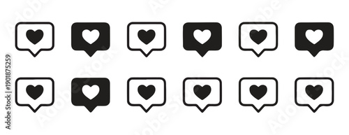 Notification icons with hearts inside speech bubbles, alternating between filled black and outline styles, signifying likes and messages, set on white background.