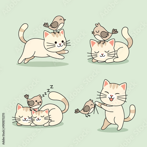 Cat and Bird Friends Playing