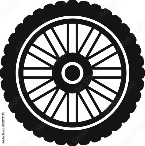 Bicycle wheel with spokes and an outer tire in a black and white vector silhouette