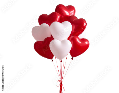 A vibrant, three-dimensional illustration of red heart-shaped balloons floating in the air