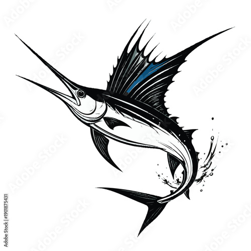 Illustration of a black and white illustration of a blue marlin fish jumping out of the water with a blue stripe on its dorsal fin