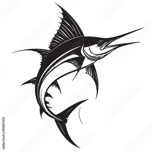 Illustration of a black and white illustration of a marlin fish jumping out of the water with sharp fins and pointed bill