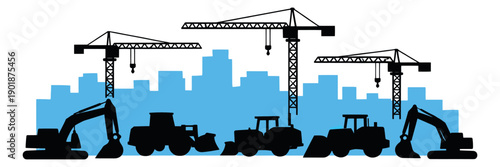 Graphic urban construction set featuring cranes, excavators, and bulldozers against a city skyline for real estate development