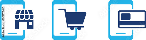Online shopping symbols in smartphones, including storefront, shopping cart, and credit card, representing e-commerce, digital commerce, mobile shopping, 
