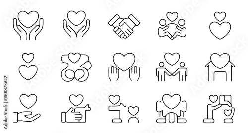 Outline and solid icons symbolizing kindness, support, partnership, and love featuring hands, hearts, and people together in various compositions