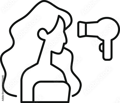 Woman styling her long hair with a hair dryer, a beauty and self care icon