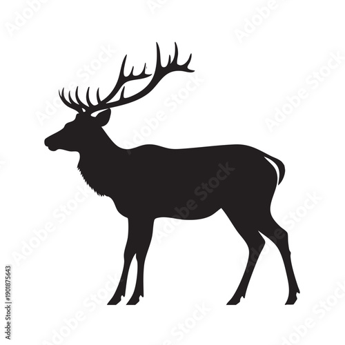 Illustration of black silhouette of an elk or deer with large antlers