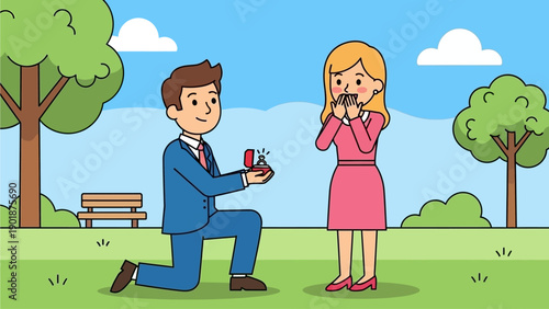 A heartfelt outdoor proposal where a loving man kneels with an engagement ring, surprising his joyful girlfriend in a picturesque park, symbolizing new beginnings and enduring commitment