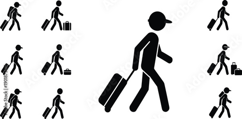 Black silhouette icons of people walking with luggage and suitcases person
