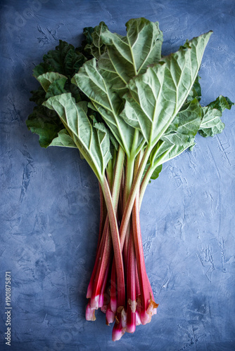 Fresh rhubarb stalks with green leaves on blue background