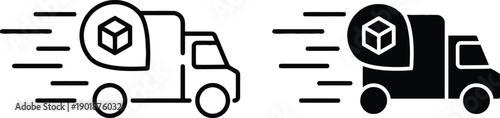 Pair of delivery truck icons, one line art and one solid silhouette, symbolizing fast shipping and package transportation services