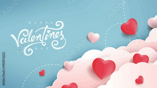 Valentine's Day illustration floating hearts, soft clouds, 'Happy Valentine's Day' text on a blue background. Romantic greeting