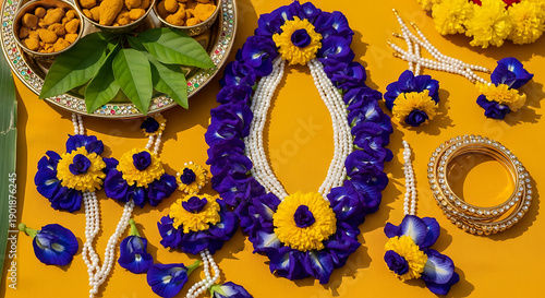Exquisite Purple and Yellow Floral Jewelry Set with Butterfly Pea and Marigold for Traditional Indian Wedding Haldi Ceremony