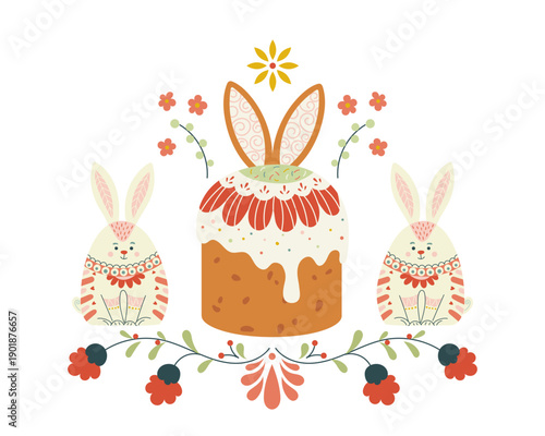 Folk style Easter composition with cake, bunnies and floral ornaments. Spring illustration inspired by traditional crafts and festive rituals. Vector design for Easter cards, packaging, decor