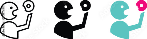 Person eating donut icon set outline filled and color, figure consuming sweet pastry symbol, food enjoyment abstract graphic vector illustration