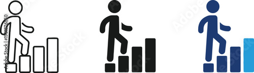 Person climbing stairs icon symbolizing career advancement, personal development, and achieving goals, isolated on transparent background, motivation, journey.