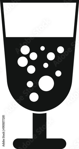 Carbonating beverage in a glass with many bubbles, black and white icon