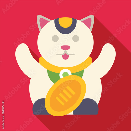 Japanese lucky cat maneki neko icon bringing good luck and fortune with a golden coin