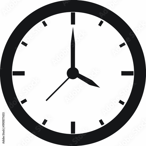 A minimalist vector graphic of a clock face with black hands and markings on a white background