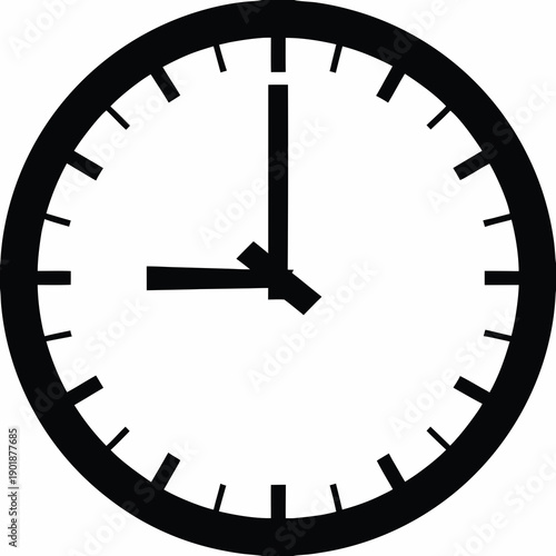 A minimalist vector graphic of a clock face with black hands and markers on a white background
