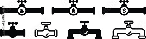Plumbing and utility icons featuring pipes and faucets with symbols for fire, water, and money, representing resource management and utility services