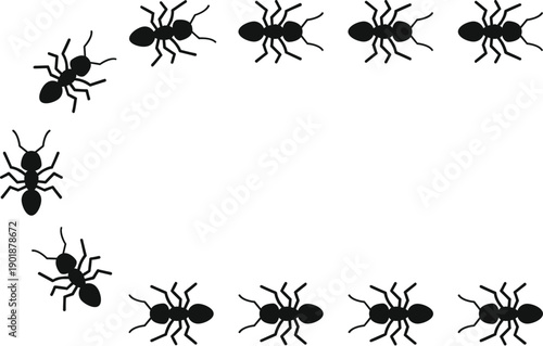 Black ant silhouettes forming a trail, illustrating teamwork and organized movement