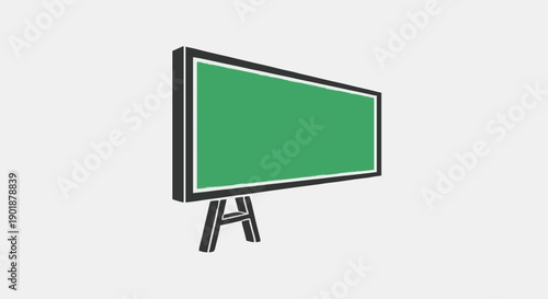 A digital illustration of a green chalkboard on a stand, viewed from the side, in a minimalist environment.