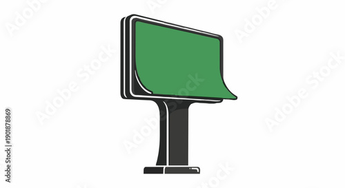 A blank green billboard stands tall on a stand from a straightforward viewpoint in a digital illustration