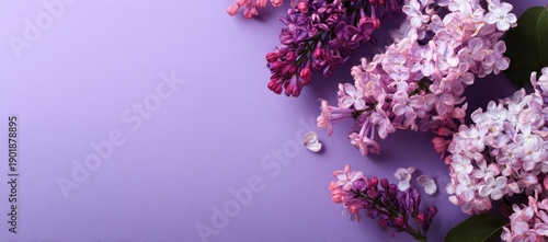 Vibrant photo of Beautiful purple and pink lilac blossoms on a purple background