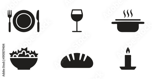 Romantic dinner setting icons including plate fork knife wine glass hot pot salad bread and candle for special evening celebration romantic ambiance and fine dining experiences.