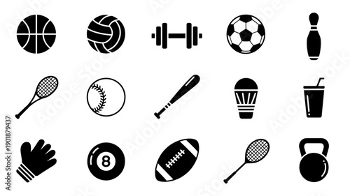 Sports Equipment Icon Set: A comprehensive collection of iconic illustrations showcases a wide array of equipment essential to various sports, perfect for any athletic endeavor.