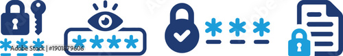 Security and password icons featuring locks keys eye symbols and asterisks representing access protection verification and authentication on transparent background vector graphics for safety