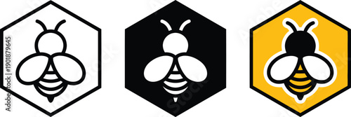 Set of bee icons in hexagons for design on transparent background, vector illustration collection of beekeeping symbols for apiary or honey product branding, outline solid and colored