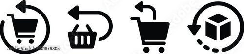 Set of four black icons representing shopping cart and basket with circular arrows indicating return or exchange process