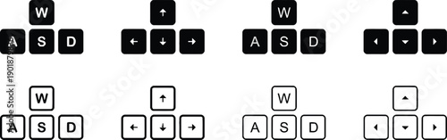 Set of four different video game controller key layouts featuring WASD movement keys and arrow keys for navigation and commands on transparent backgrounds