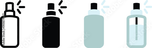 Set of four spray bottles icons, representing different styles and colors for various uses, such as cleaning or 