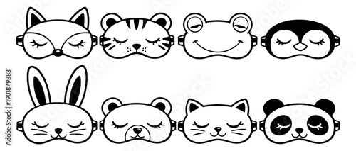 Cute hand drawn line art sleep mask set featuring different sleeping animal faces for children's products