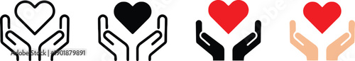 Set of hands holding heart icons, various styles including outline, solid black, and colored red and pink, symbolizing love, care, support, and charity