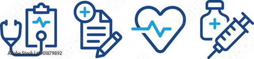 Set of healthcare icons with stethoscope, clipboard, document with plus sign, heart rate and medicine vial, representing medical care and research, doctor's tools 