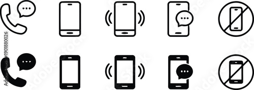 Set of phone icons including call, message, ringing, and blocked calls for communication, technology, and mobile app interfaces, on transparent background