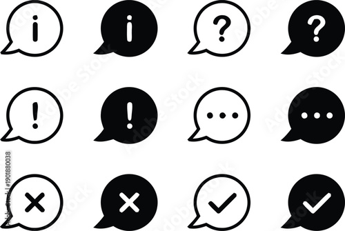 Set of simple black icons representing communication and information, including speech bubbles with letters 