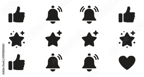 Set of social media engagement icons featuring thumbs up, ringing bells with notifications, sparkling stars, and heart symbols, presented in solid black